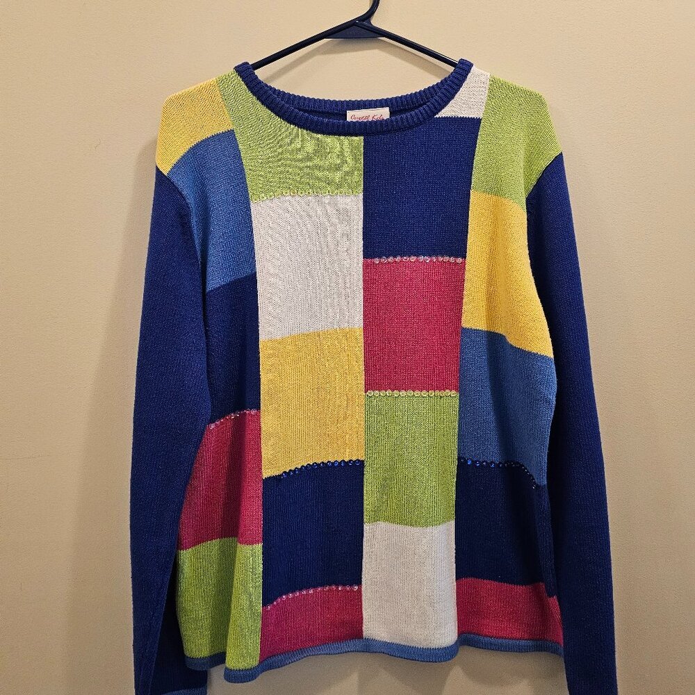 Women's Crystal-Kobe Color Block Cotton Sweater Sequined‎ Size Large
